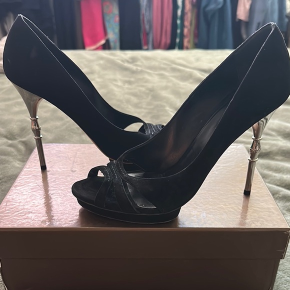 GUCCI shoes black suede open-toe
SILVER BAMBOO HEEL  Size 38 - Picture 1 of 5
